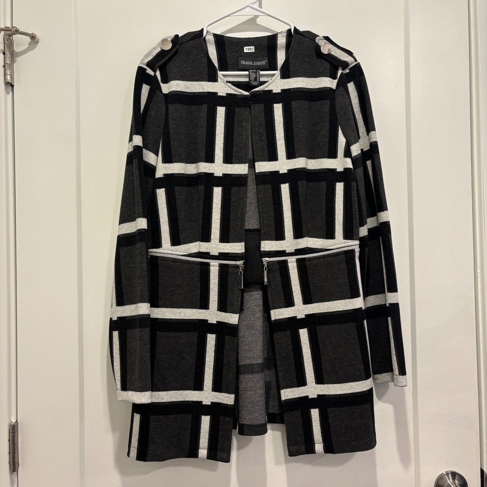 Frank Lyman Design Grey Plaid Open Front Longline Cardigan Jacket Womens Size 8‎